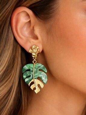 Gold Tone Monstera Leaf Drop Earrings Green Acrylic Tropical Dangle Earrings
